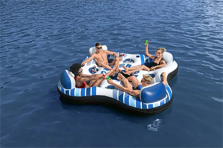 Inflatable island float with 2 built-in ice buckets to keep drinks chilled