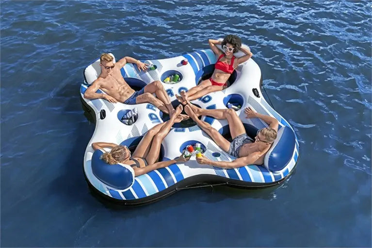 Giant float tube with 4 inflatable cup holders, one at every seat