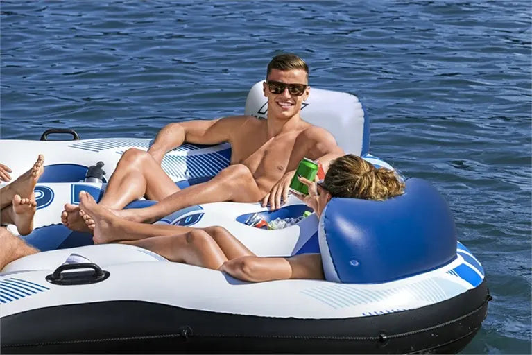 Multi-person pool raft designed so you can eat and drink while floating