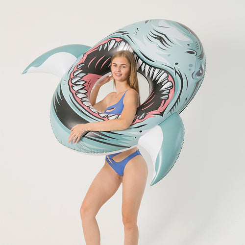 Shark inner tube for floating with an open jaw and rear fin for support
